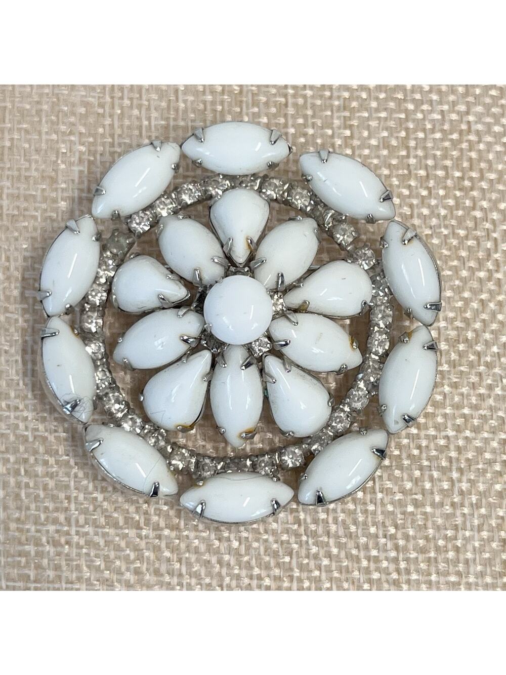 Vintage Krammer White Stones Faux Diamonds Brooch Pin MCM Granny Core 2"D (#19B)